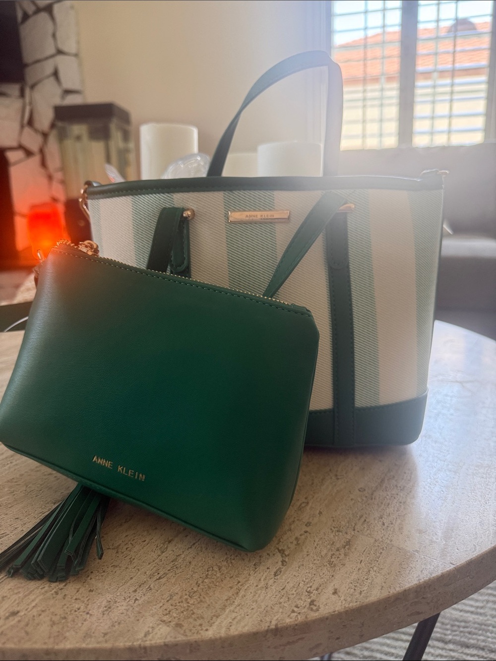 Anne Klein Green and Cream Striped Tote with Green Pouch